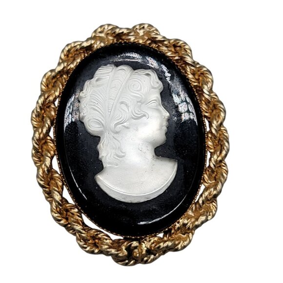 Black & Frosted Glass Cameo Brooch Gold Tone Vintage Victorian Lady Pin - Picture 2 of 14